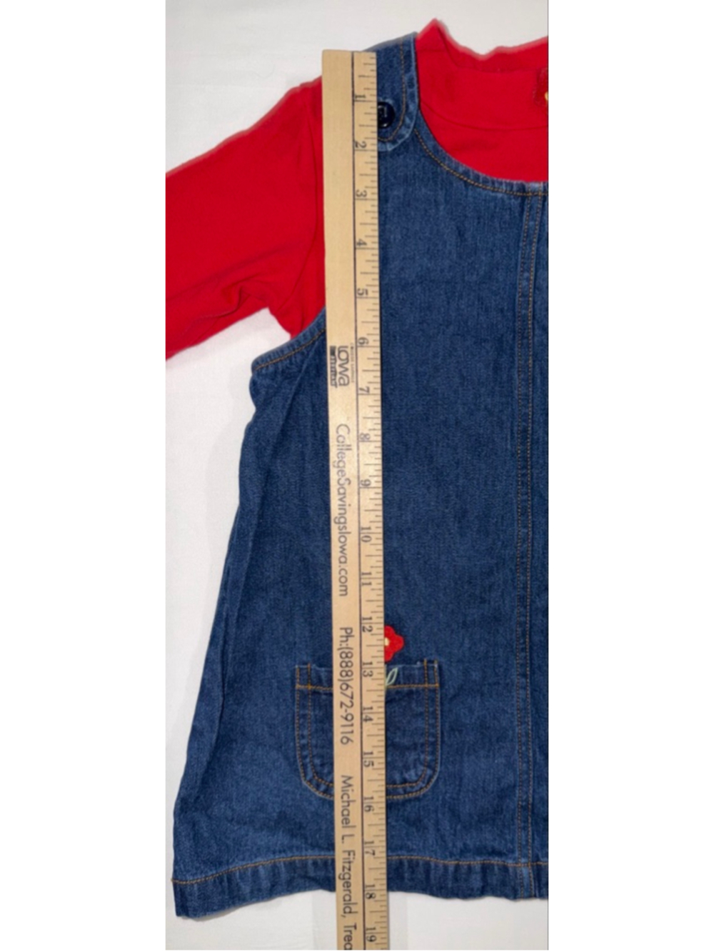 UR it Girls Blue Denim Red Jumper Dress 24 Months Flower Pocket Button Baby - Picture 9 of 9
